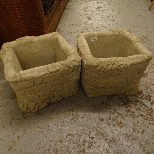 2056 - A pair of square embossed concrete garden planters, W36cm, H27cm