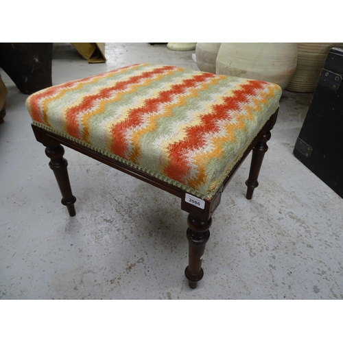 2086 - A Victorian square stool on mahogany turned legs, with Colefax Fowler upholstery, W51cm, H40cm