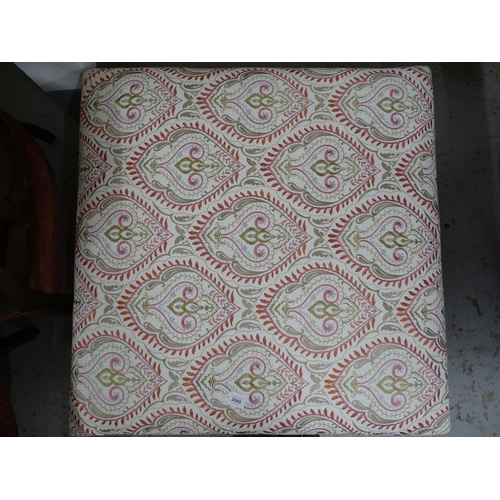 2088 - A large square footstool with cream patterned upholstery on tapered beech legs, W92cm, H28cm