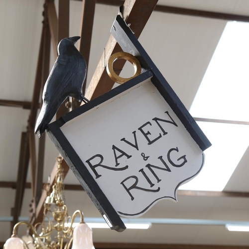 501 - Clive Fredriksson, a handmade carved and painted wood pub advertising sign, for The Raven and Ring, ... 