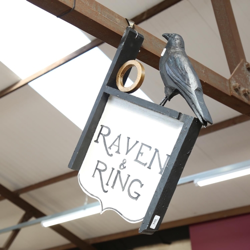 501 - Clive Fredriksson, a handmade carved and painted wood pub advertising sign, for The Raven and Ring, ... 