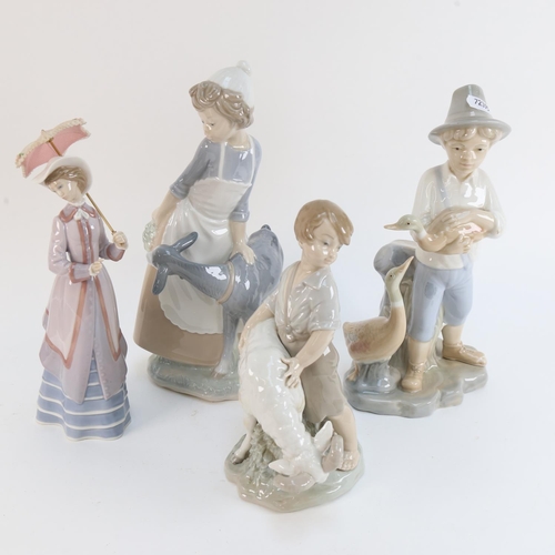 529 - 3 NAO porcelain figures, and a Lladro woman with parasol, height 26cm (4)