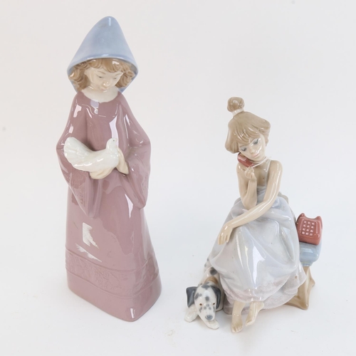 530 - Lladro porcelain figure of a girl on the telephone, height 20cm, and NAO figure, girl with a dove (2... 