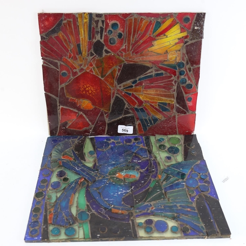 569 - A pair of glass panels, with applied mosaic glass abstract designs, 36cm across