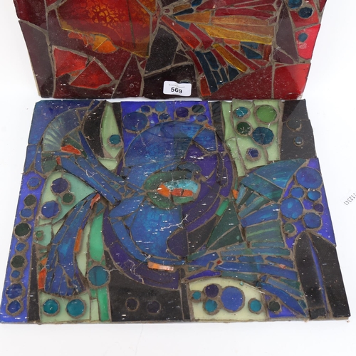 569 - A pair of glass panels, with applied mosaic glass abstract designs, 36cm across