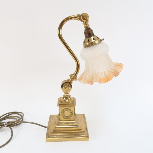 572 - A brass adjustable desk lamp, by Christopher Wray, with glass shade, height 40.5cm