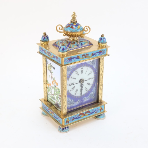 575 - A modern Chinese cloisonne enamel brass-cased carriage clock, quartz movement with enamelled dial an... 