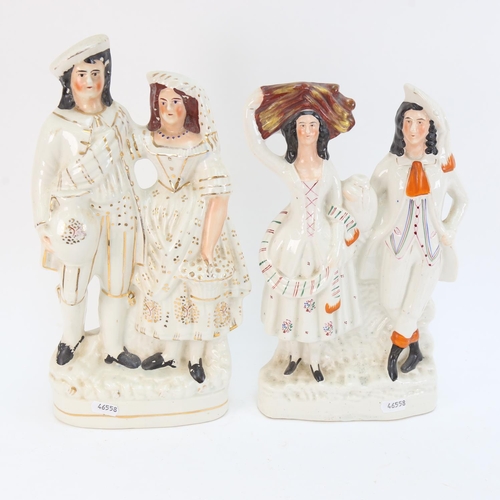 582 - 2 Victorian Staffordshire groups of couples, tallest 35.5cm