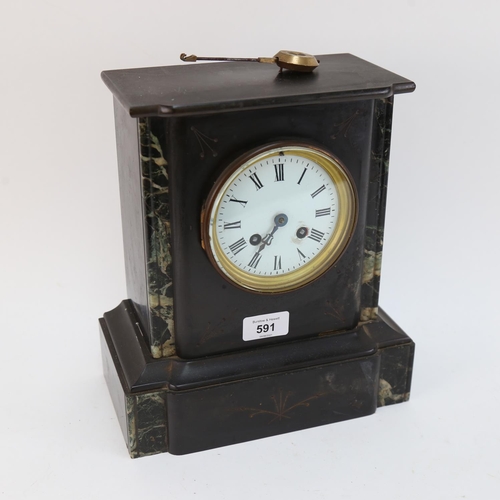 591 - A black slate mantel clock with 2-train movement, height 27.5cm