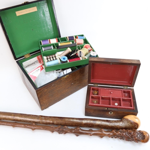 600 - An oak sewing box with tray fitted interior and contents, length 23cm, an inlaid jewel box, and 2 wa... 