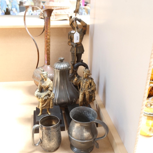 605 - A spelter knight, 48cm, a copper jug, a pair of figures etc