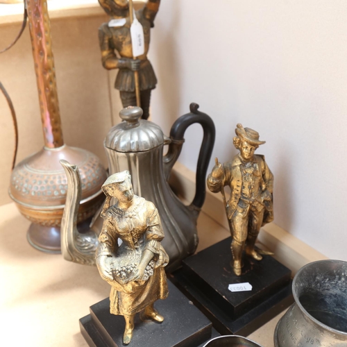 605 - A spelter knight, 48cm, a copper jug, a pair of figures etc