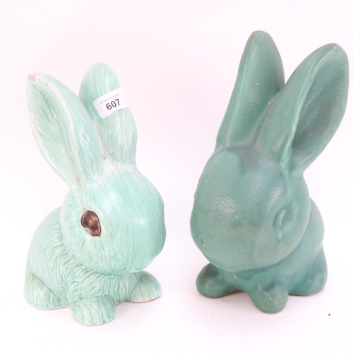 607 - A Vintage green rabbit, height 28.5cm, and a small rabbit 1028