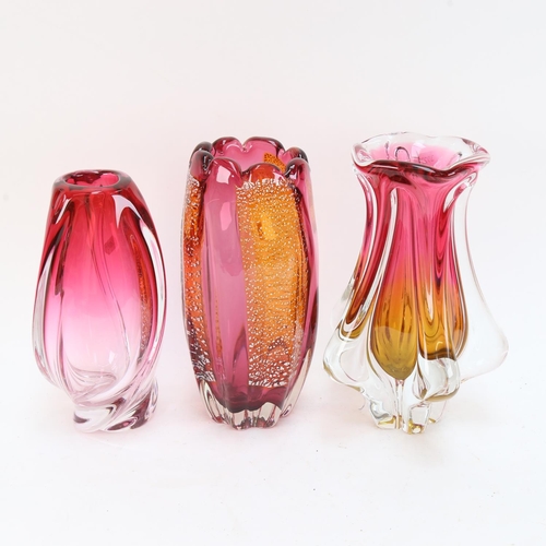 614 - A pink Val St Lambert vase, signed, 21cm, and 2 other Art glass vases