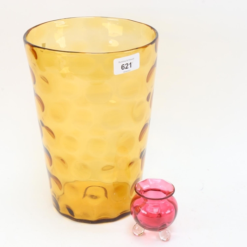 621 - A Whitefriars amber glass vase, 26cm, and a small cranberry glass pot