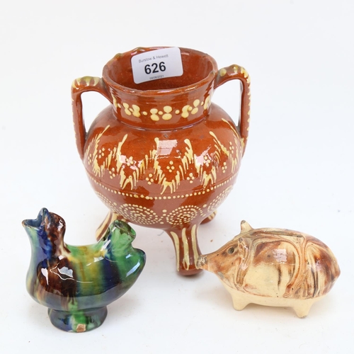 626 - A Sussex Pottery tyg, height 15cm, a Studio pottery piggybank, and cockerel