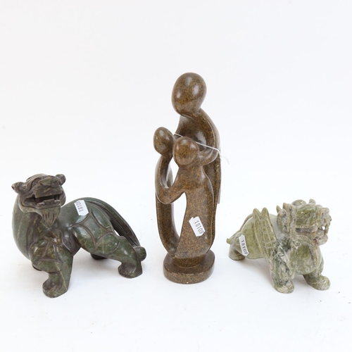 631 - A group of 3 items, including 2 hardstone/jade Chinese creatures, and another, 24cm