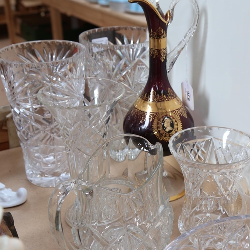 636 - Cut-crystal vases, ruby glass jug and stopper, 39cm etc