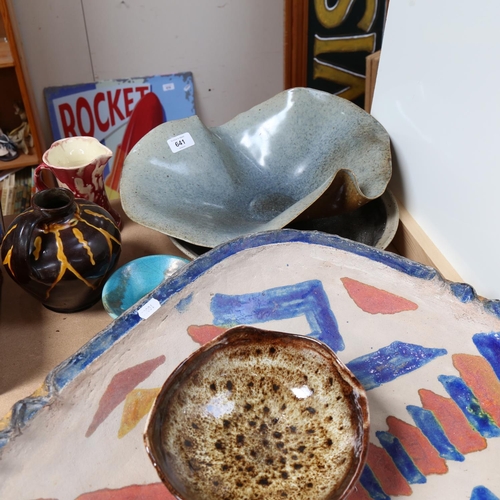 641 - A table centre bowl with painted design, 54cm across, a signed Studio pottery free-form dish, Ewenny... 