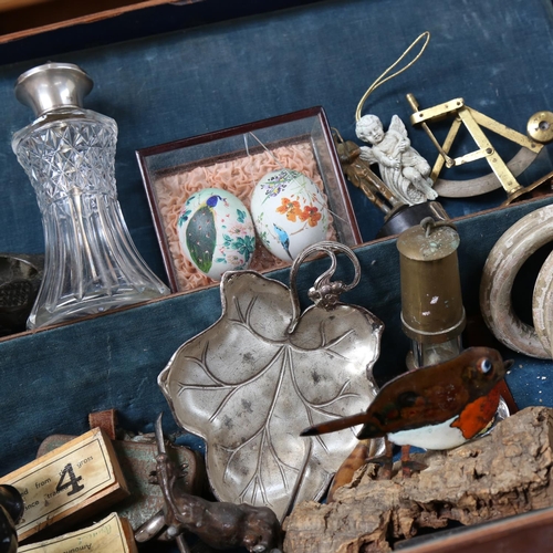 643 - A small case with ornaments, a perfume bottle, a miniature miner's lamp etc