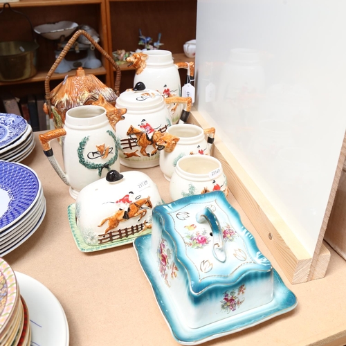 649 - Various hunting scene china, including tea pot, 17.5cm, cottage biscuit jar, and a cheese dish