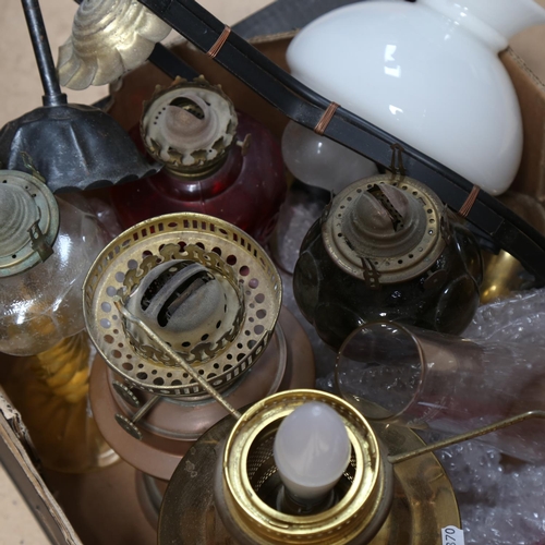 671 - Oil lamps, shades and chimneys (boxful)