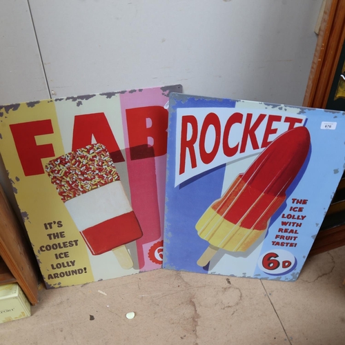 676 - 2 reproduction tin advertising signs for ice creams, height 70cm