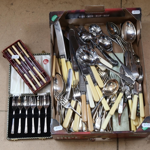 859 - A box of mixed plated cutlery, including ivorine-handled