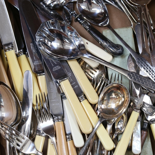 859 - A box of mixed plated cutlery, including ivorine-handled