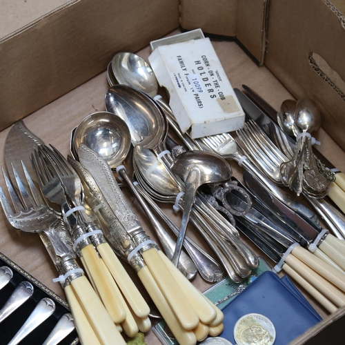 864 - A tray of mixed plated cutlery, a serving set, fish cutlery etc