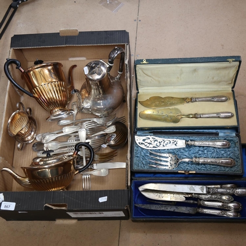 867 - A tray of mixed plated ware, to include tea and coffee pots, cutlery etc