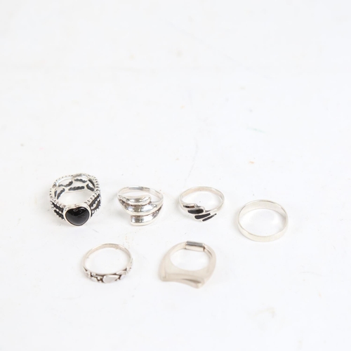 876 - A Pandora sterling silver and black stone set ring, a double-ring by Esprit, and 4 others (6)