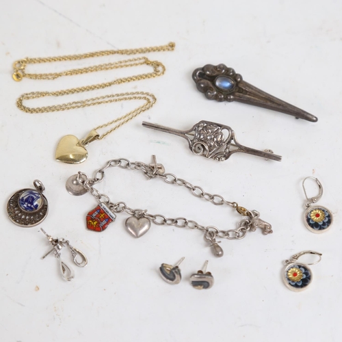 880 - Elisa Brunells stylised earrings, a silver-gilt heart pendant necklace, a charm bracelet etc