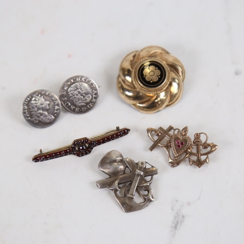 881 - A silver-gilt brooch, a silver maritime design brooch, a coin set brooch, and another etc