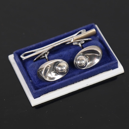 886 - N. E. FROM - stylised sterling silver cufflinks, and a silver-gilt tie clip