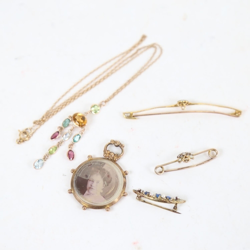 891 - An unmarked gold gem-set pendant necklace, 18ct gold diamond bar brooch, 9ct split-pearl bar brooch ... 