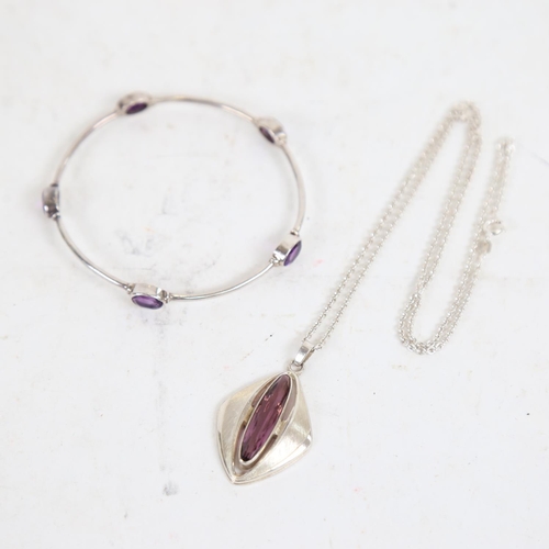 903 - A Danish silver and amethyst set necklace and pendant, and an unmarked silver and amethyst set bangl... 