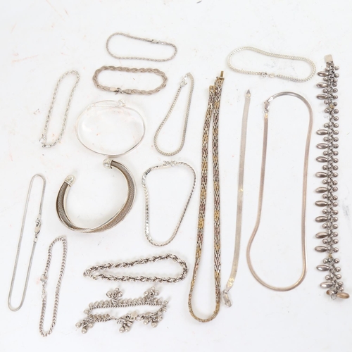 906 - 12 various silver bracelets, 2 silver necklaces, and 2 silver bangles, 147g