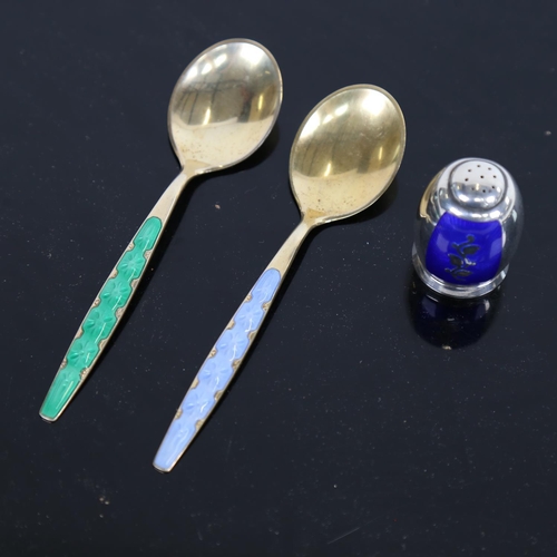 911 - A sterling silver and blue enamel pepperette, by Volmer Bamner, and a pair of silver and enamel pres... 