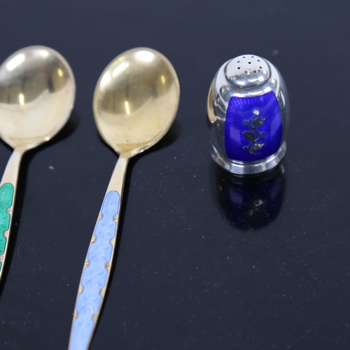 911 - A sterling silver and blue enamel pepperette, by Volmer Bamner, and a pair of silver and enamel pres... 