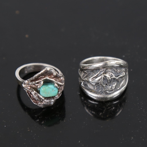 913 - N. E. FROM - a sterling silver ring with abstract relief panel, and a silver and turquoise set ring ... 