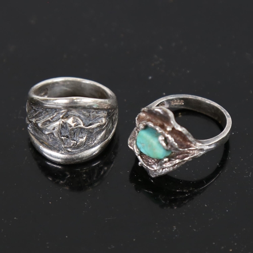 913 - N. E. FROM - a sterling silver ring with abstract relief panel, and a silver and turquoise set ring ... 