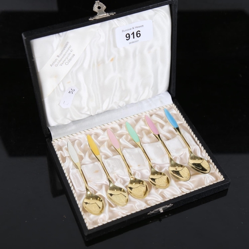 916 - FRIGASE - a set of 6 sterling silver-gilt and coloured enamel teaspoons in fitted box