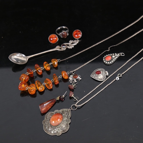 923 - A collection of Baltic amber and stone set silver-mounted jewellery, to include a novelty elephant, ... 