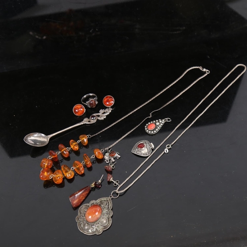 923 - A collection of Baltic amber and stone set silver-mounted jewellery, to include a novelty elephant, ... 