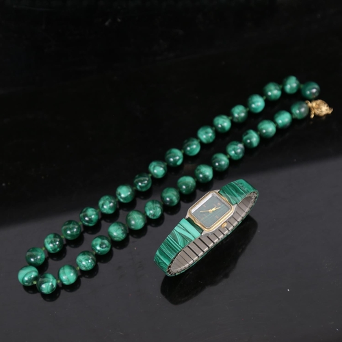 925 - A Chinese malachite bead necklace, with a 14ct gold clasp, length 48cm including clasp, and a lady's... 