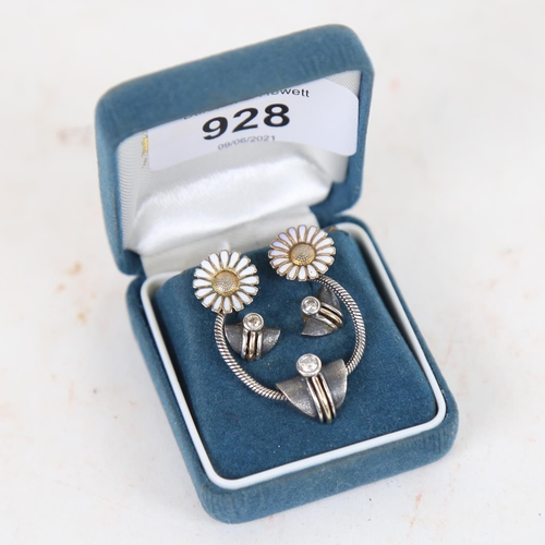 928 - A Danish silver-gilt and oxidised pendant and matching earrings, and a pair of daisy pattern silver ... 