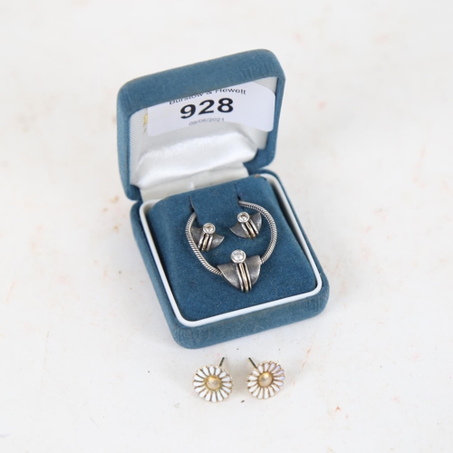 928 - A Danish silver-gilt and oxidised pendant and matching earrings, and a pair of daisy pattern silver ... 