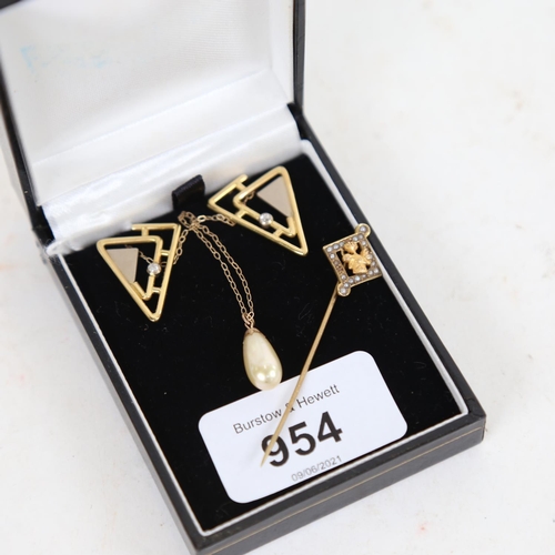 954 - A pair of stylised 9ct gold stone set earrings of triangular form, a 9ct gold necklace with pearl pe... 