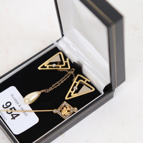 954 - A pair of stylised 9ct gold stone set earrings of triangular form, a 9ct gold necklace with pearl pe... 